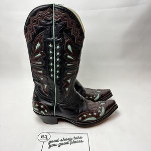 Old Gringo Women’s Sz 8 B Leather  Boots Teal Embroidered Stitch Pattern Cowboy